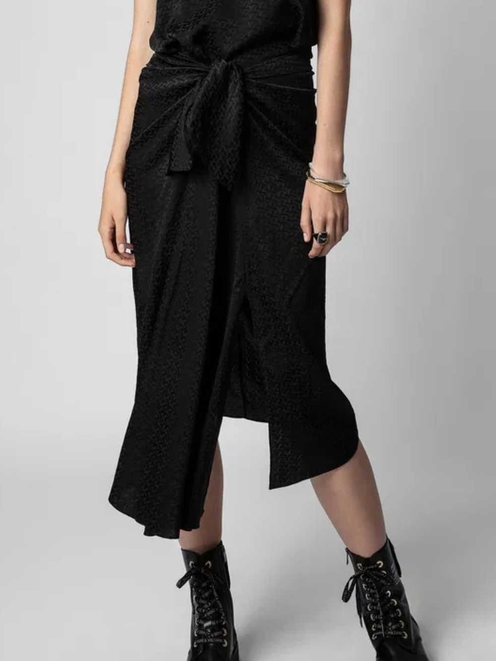 Zadig & Voltaire Black Asymmetrical Wrap Midi Skirt with Tie Detail